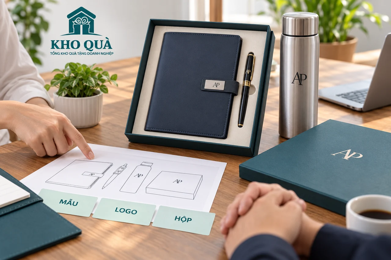 Gom mẫu sổ bút bình và phần hộp cùng bản cấu hình trên bàn