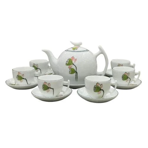 Bộ ấm chén trắng họa tiết vẽ tay cùng đĩa kê