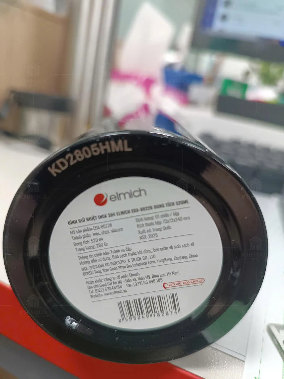 Nhãn đáy bình Elmich có thông tin mã mẫu