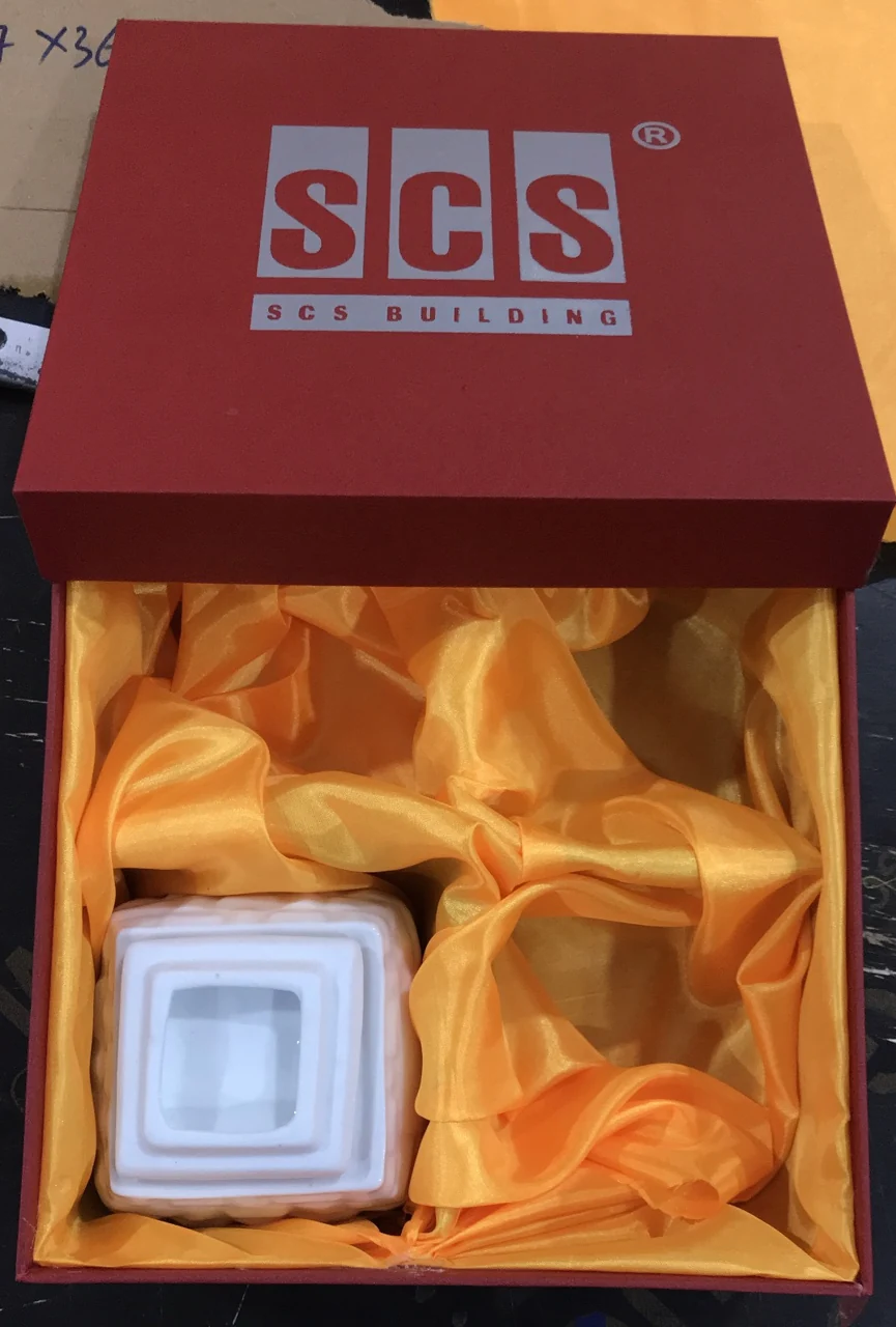 Hộp đỏ SCS mở nắp với lớp lót vàng và phần đỡ màu trắng