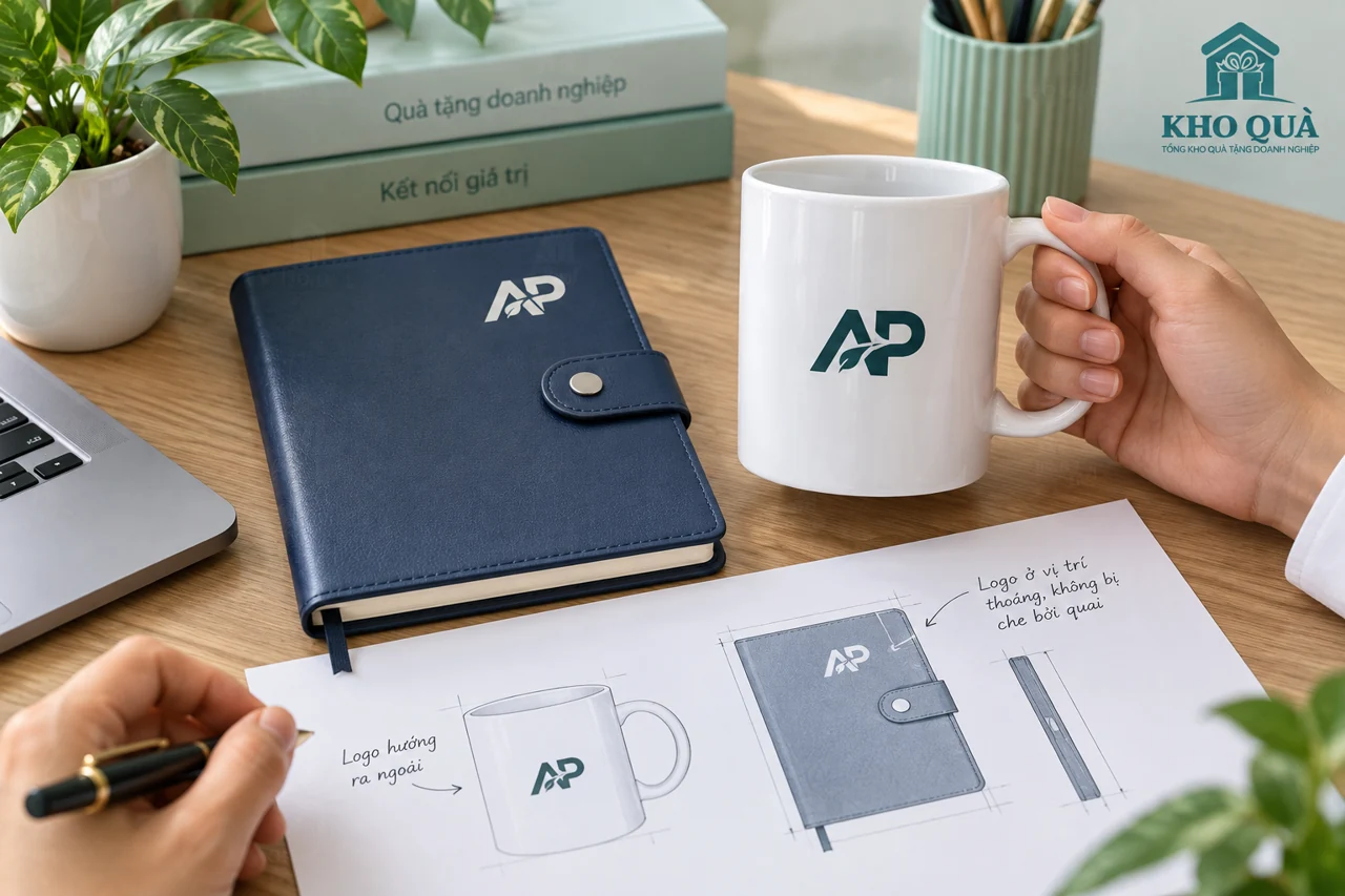 Logo AP trên cốc có quai và sổ có dây cài được đối chiếu với bản phối