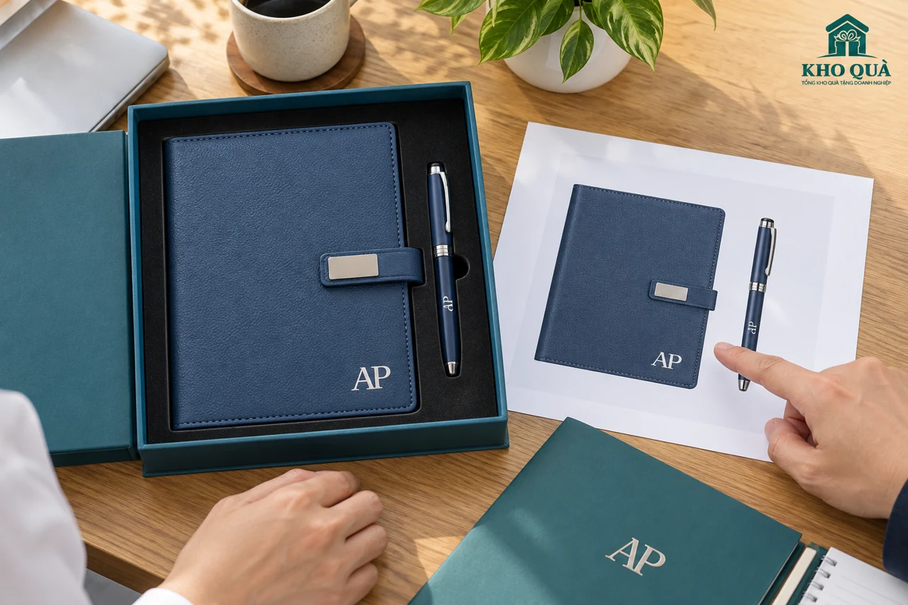 Đối chiếu sổ và bút trong hộp với bản phối logo trên bàn