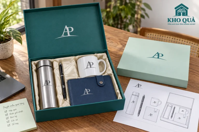 Phương án bộ bình sổ bút cốc in AP cùng hộp và bản phối
