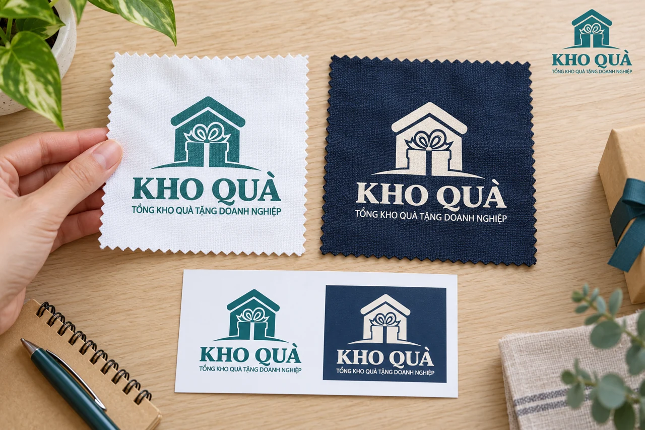 Cảnh thiết kế logo KhoQua xanh trên nền trắng và trắng trên nền xanh đậm