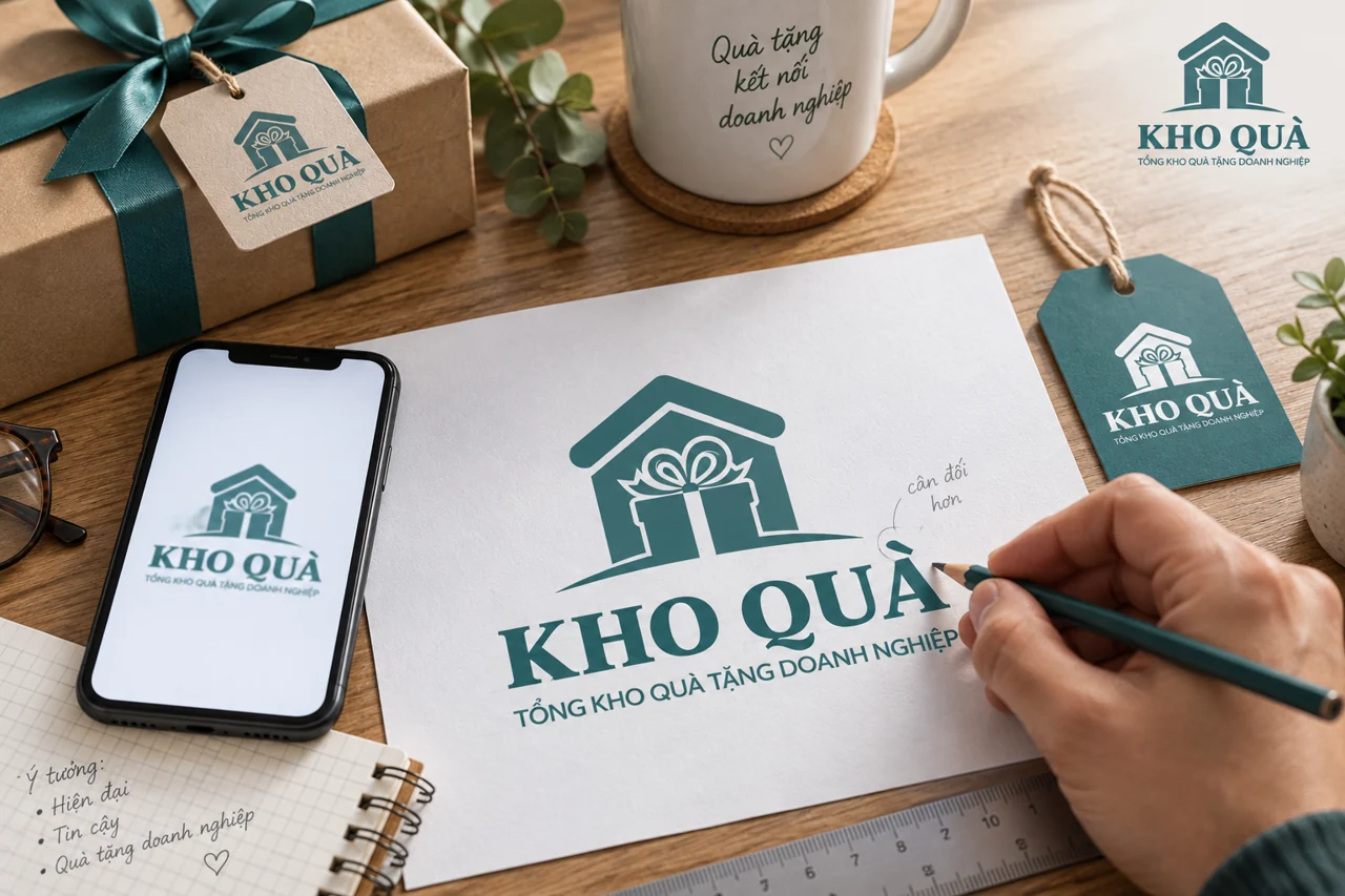 Cảnh đối chiếu logo KhoQua trên điện thoại với bản giấy và thẻ quà
