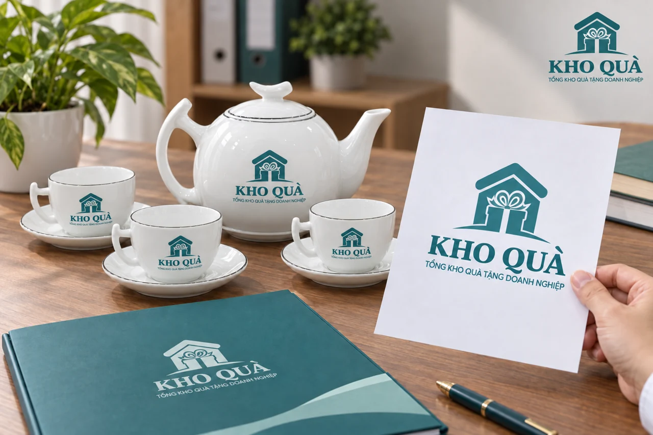 Cảnh bộ trà có logo KhoQua cạnh bản xem và thư mục tài liệu