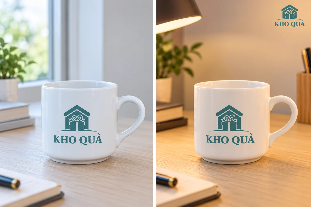 Cảnh logo KhoQua trên cốc trắng dưới ánh sáng cửa sổ và đèn ấm