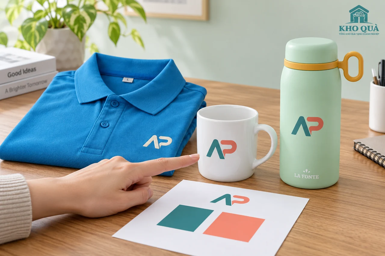 Phương án AP trên áo xanh, cốc trắng và bình xanh cạnh nguồn màu