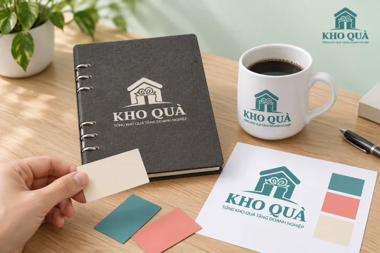 Phương án logo KhoQua trắng trên sổ xám và xanh trên cốc cạnh bản màu