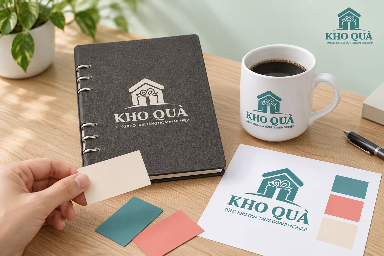 Phương án logo KhoQua trắng trên sổ xám và xanh trên cốc cạnh bản màu