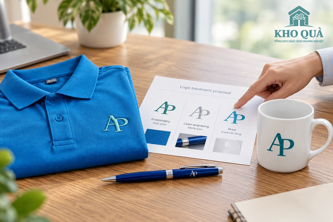Phương án AP trên áo polo xanh, bút và cốc cạnh bản duyệt