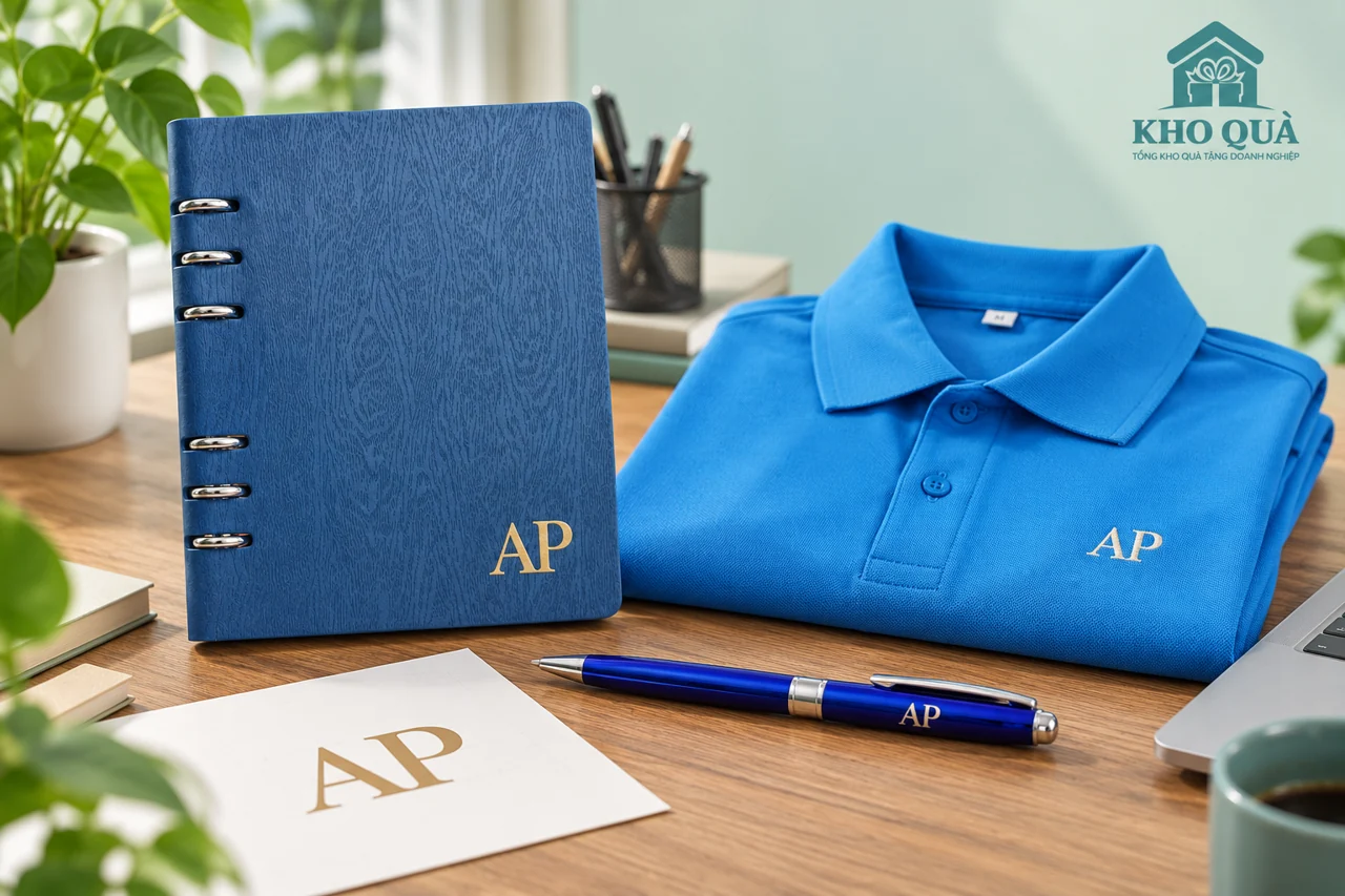 Phương án AP trên sổ xanh, bút và áo polo cạnh bản logo