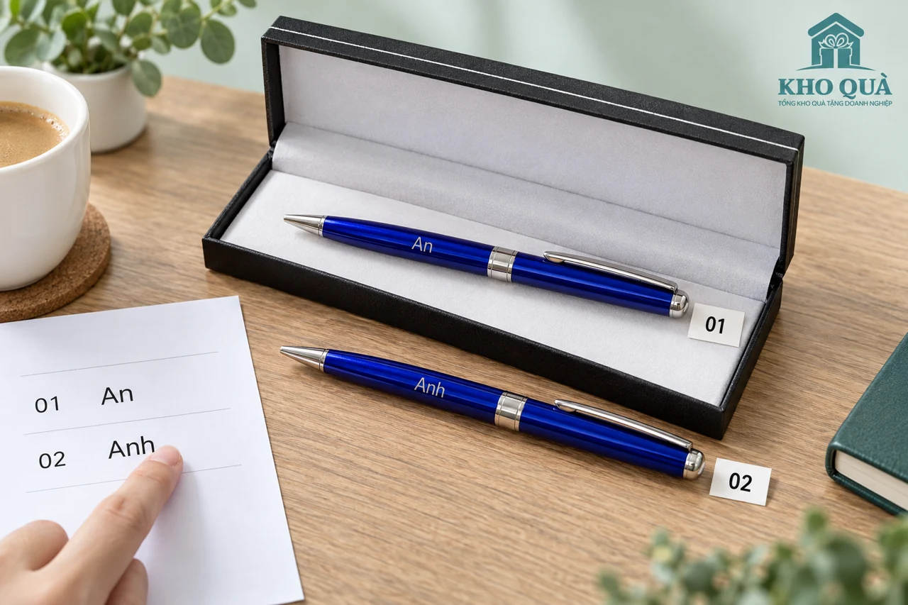 Hai bút xanh tên An và Anh với mã 01, 02 cạnh bảng tên tương ứng