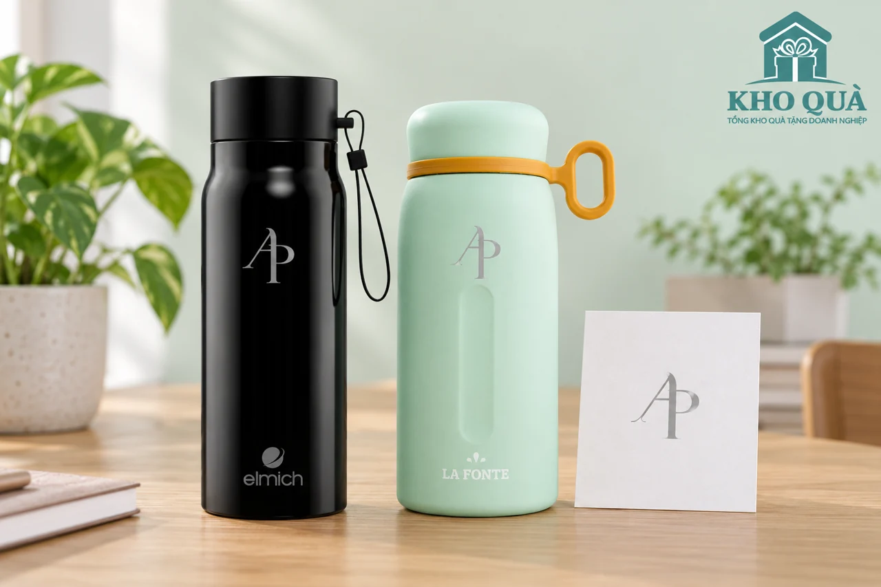 Phương án AP đơn sắc trên bình đen và bình Valencia xanh cạnh bản logo