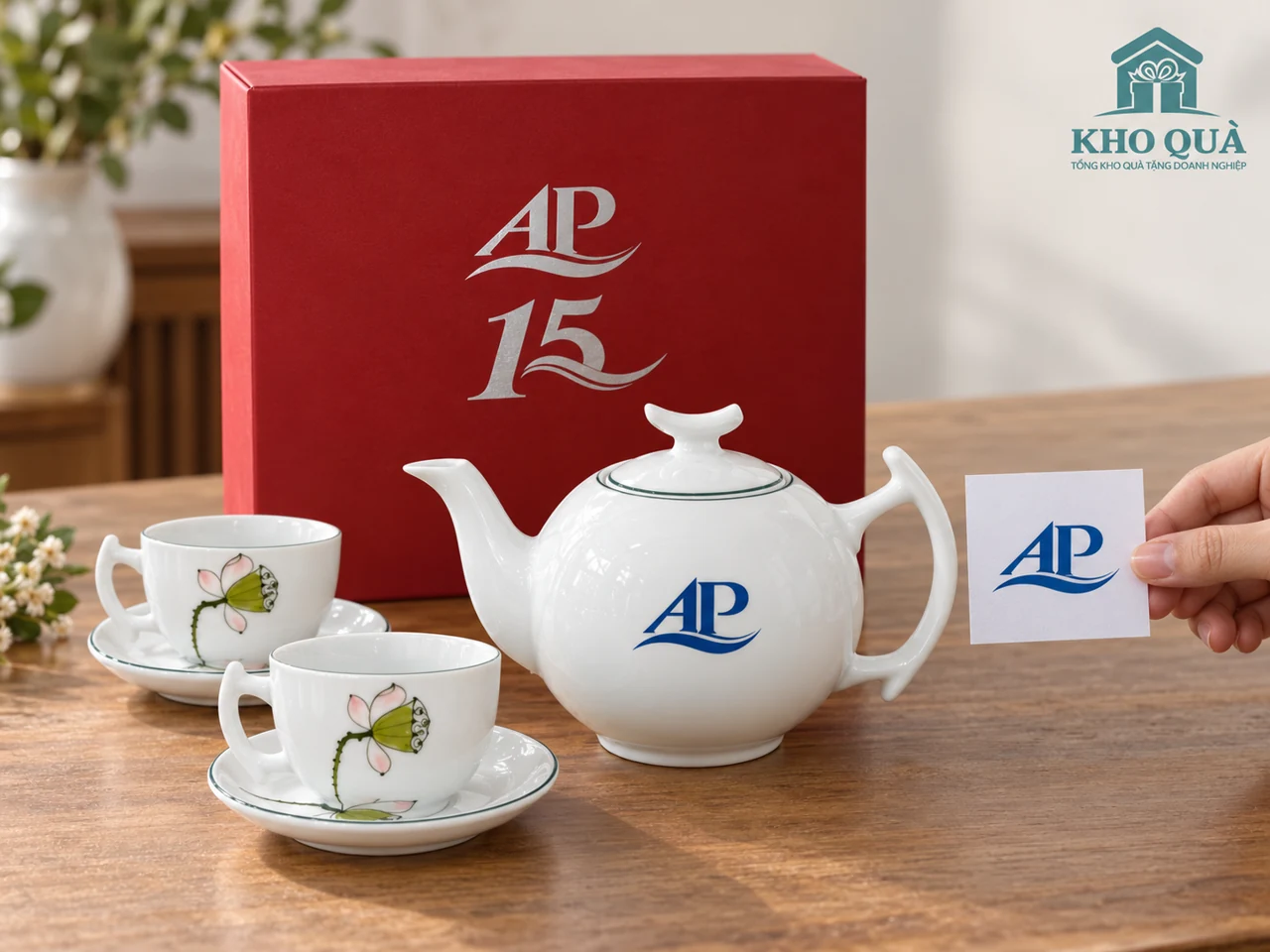 Phương án AP trên ấm hoa sen, hộp đỏ có AP và số 15, hai chén bên cạnh