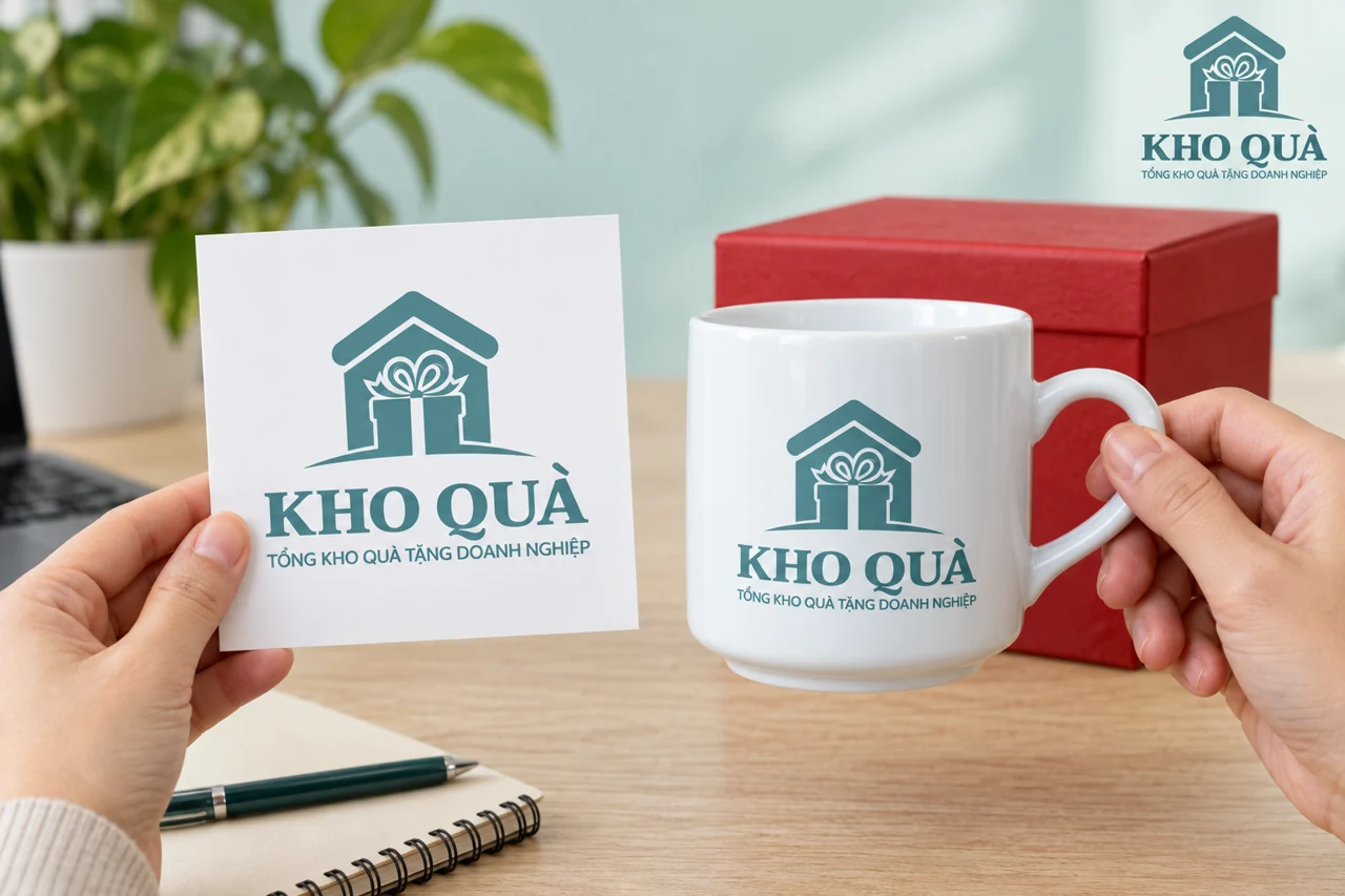 Cảnh thiết kế cốc in KhoQua được cầm cạnh bản logo trên giấy