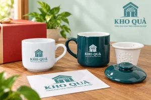 Phương án cốc trắng và cốc lọc trà men xanh in KhoQua bên hộp đỏ và bản logo