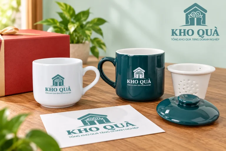 Phương án cốc trắng và cốc lọc trà men xanh in KhoQua bên hộp đỏ và bản logo