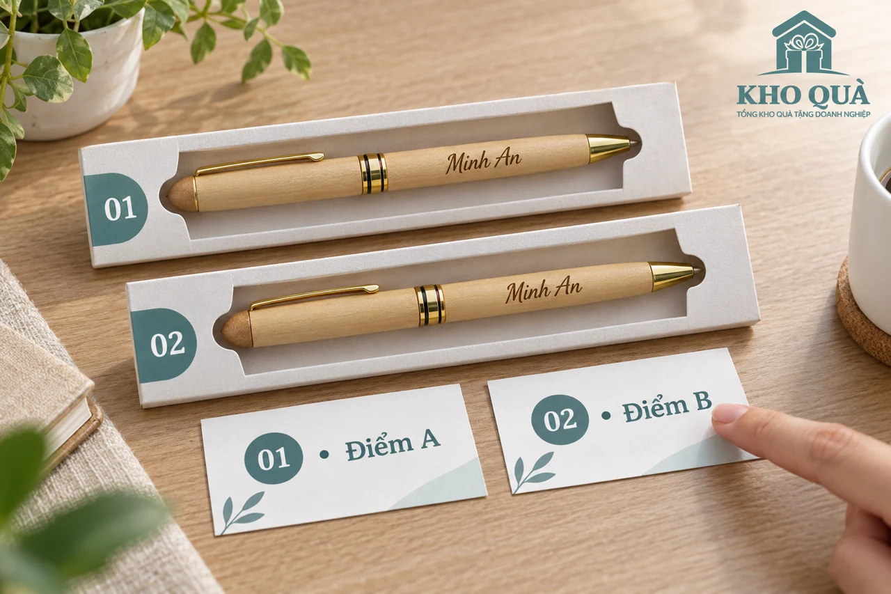 Hai bút gỗ cùng tên Minh An có mã01 và02, thẻ điểm A và B