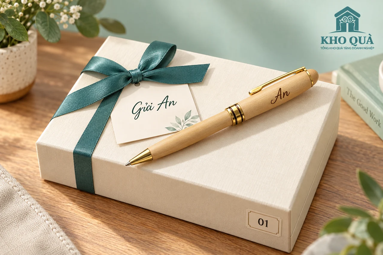 Bút gỗ tên An, thiệp Gửi An và nhãn01 trên hộp