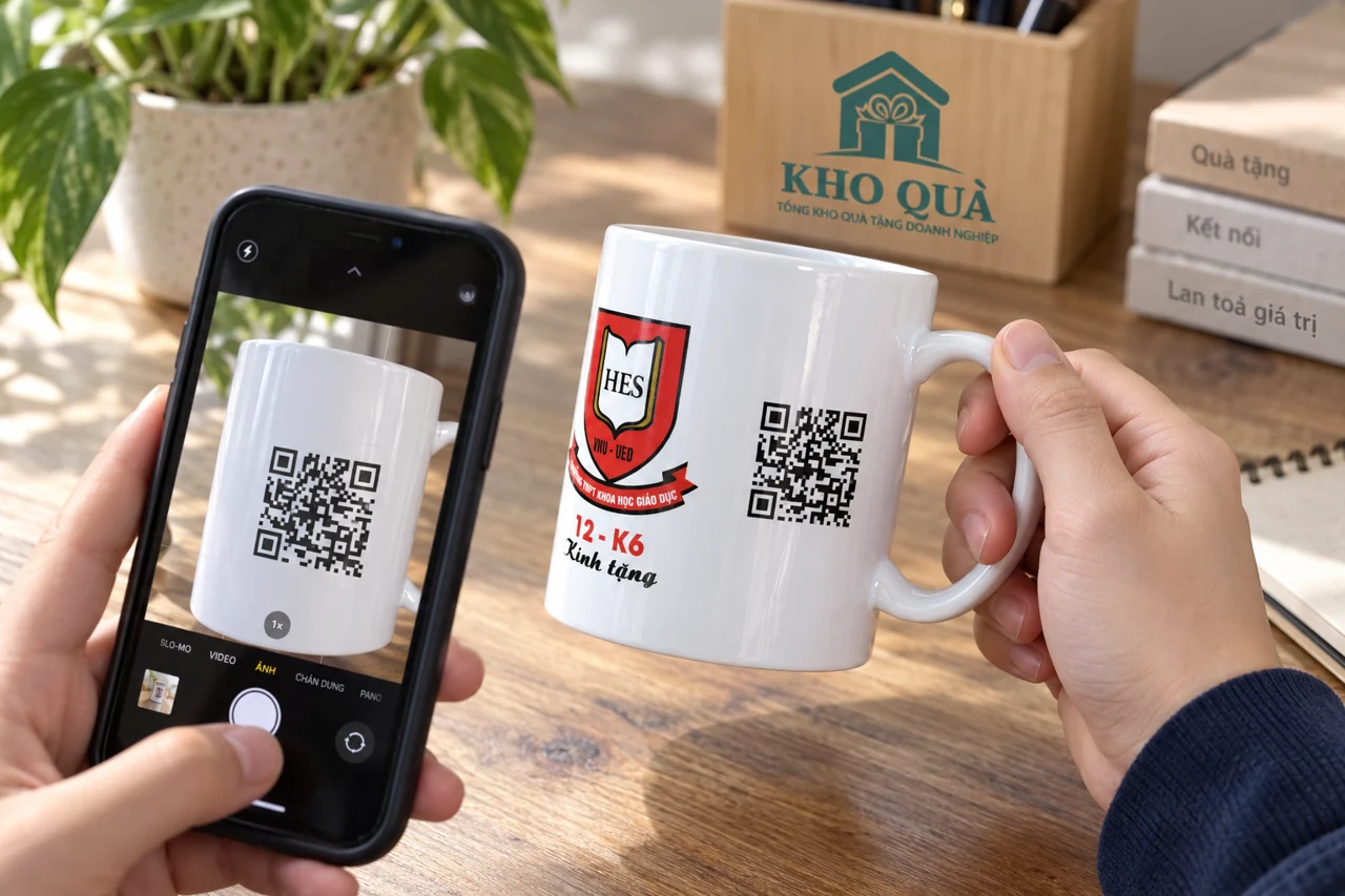 Điện thoại hướng vào QR bên hông cốc HES được cầm bằng quai