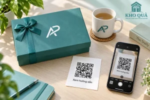 Mẫu cốc AP, hộp xanh và thiệp QR cạnh điện thoại