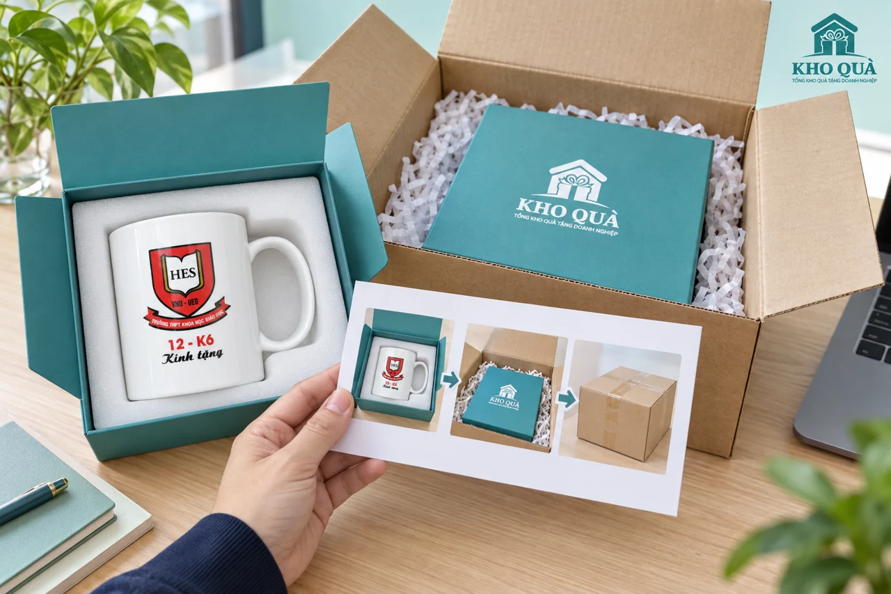 Cốc HES trong hộp mở cạnh kiện gửi tiếp và tờ hướng dẫn đóng
