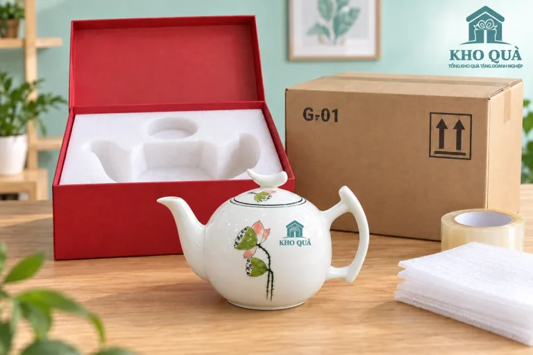 Ấm hoa in logo bên khay hộp và thùng có mã G-01