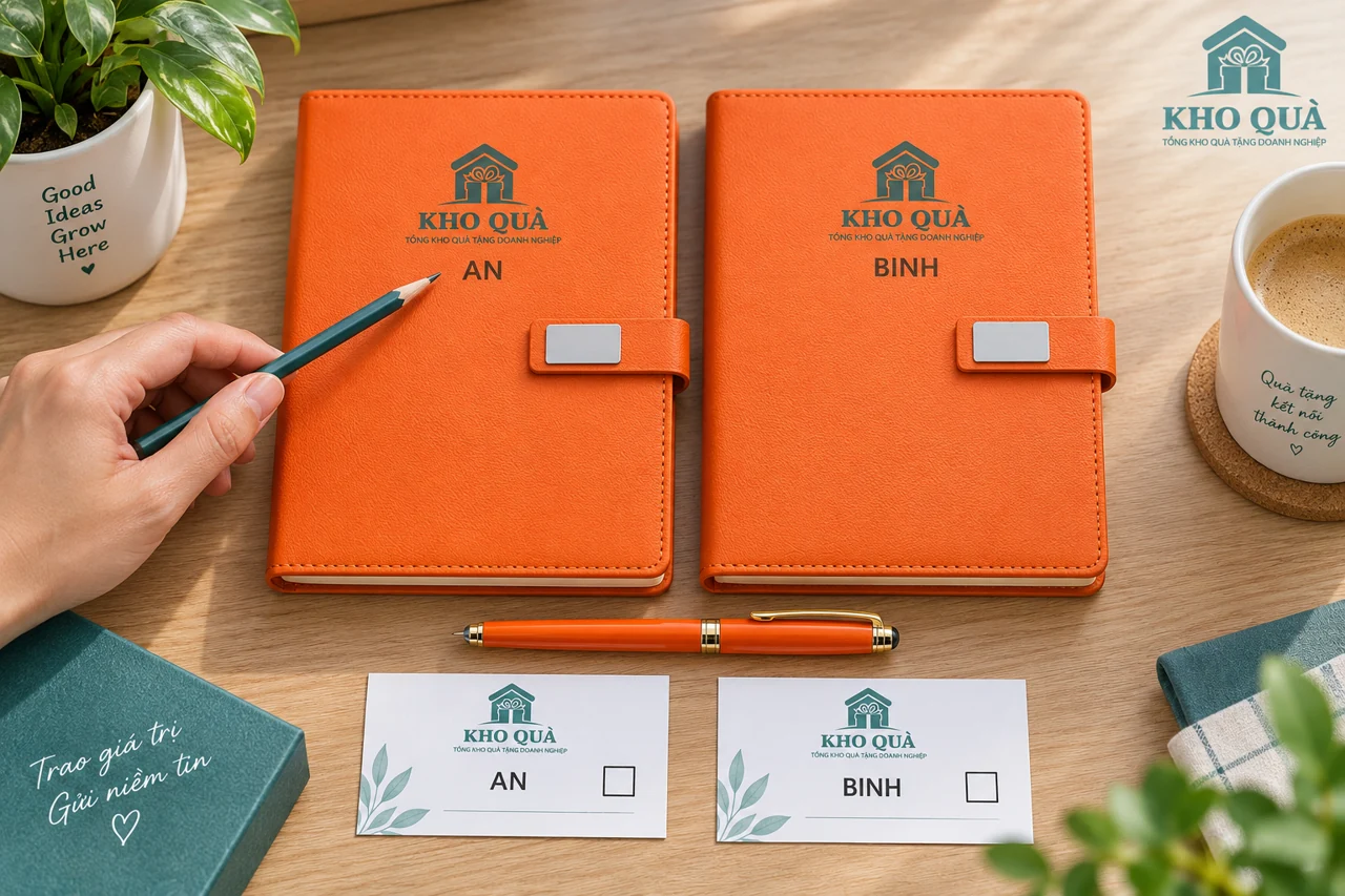 Hai sổ in logo KhoQua tên AN và BINH đối chiếu với thẻ tương ứng