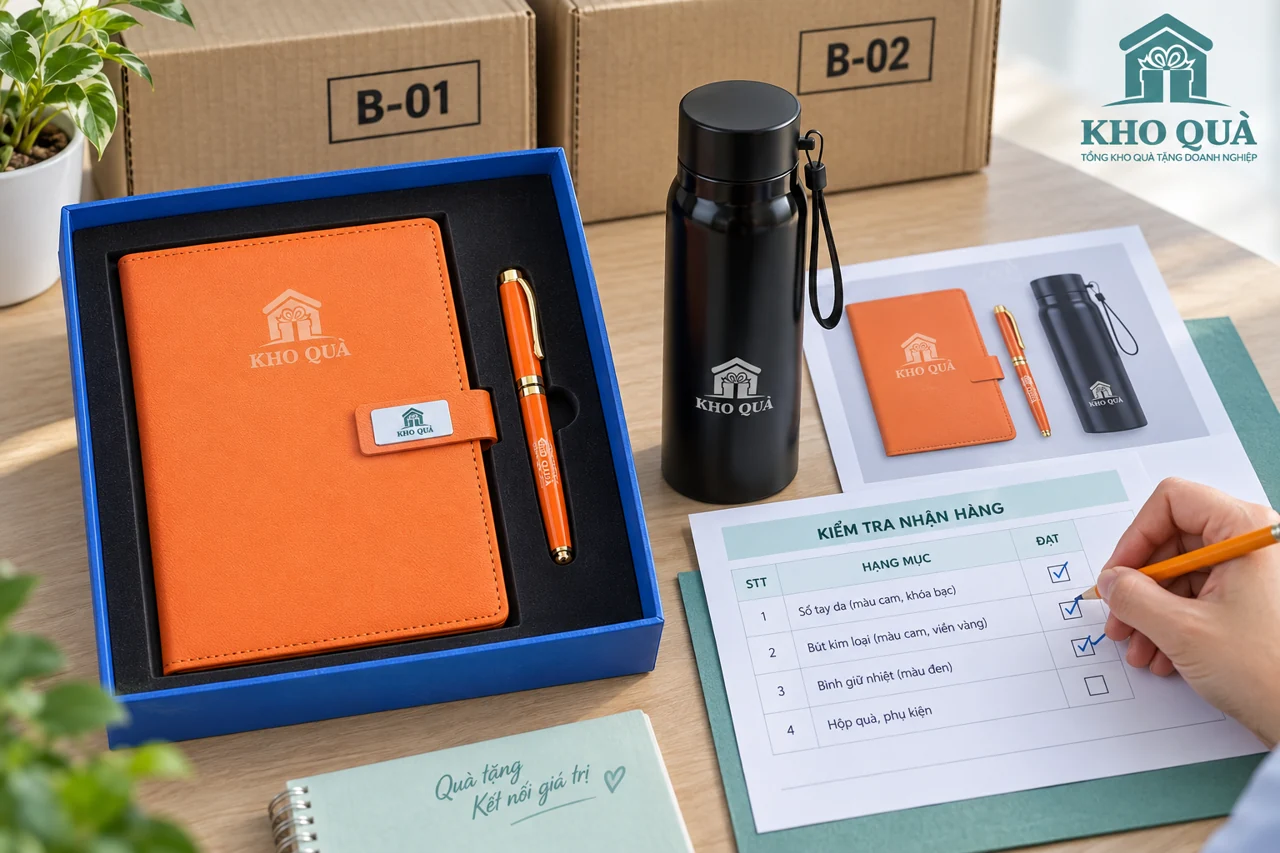 Bộ sổ bút in logo KhoQua và bình đối chiếu cạnh bảng kiểm và mã kiện