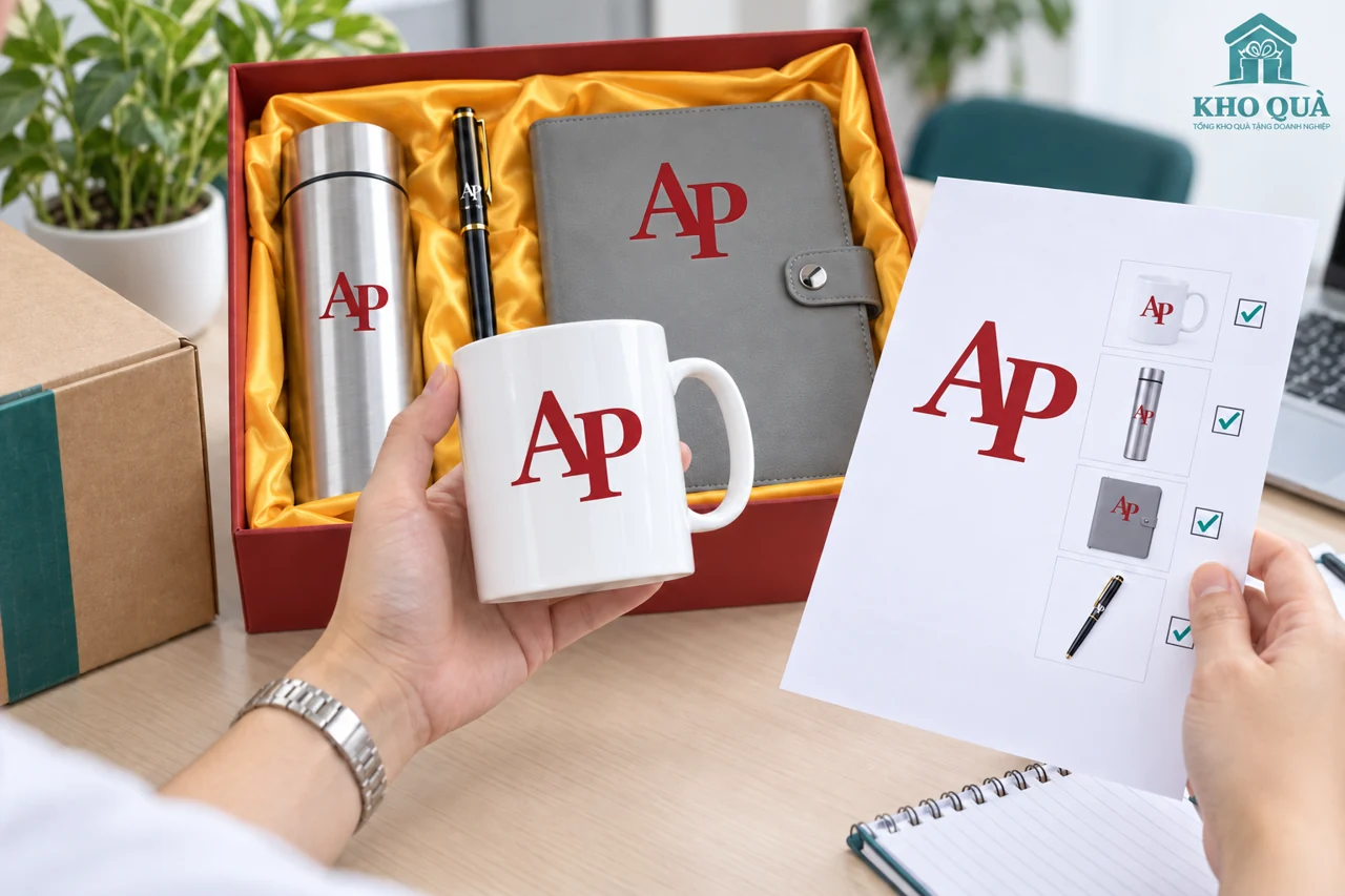 Đối chiếu cốc AP với bản giấy cạnh sổ bút và hộp
