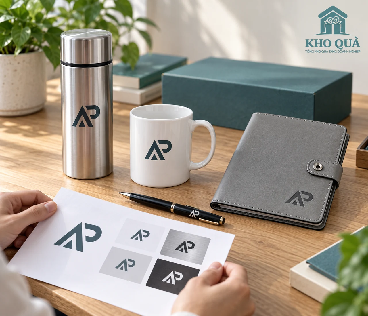 Đối chiếu logo AP trên sổ, cốc, bình và bút với bản giấy