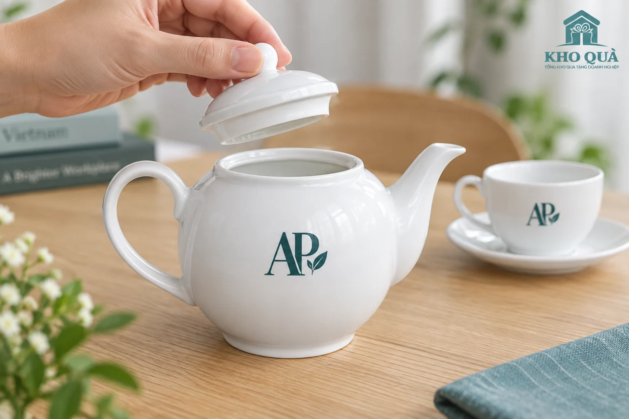Nhấc nắp khỏi ấm tròn in AP để xem phần ghép với miệng ấm