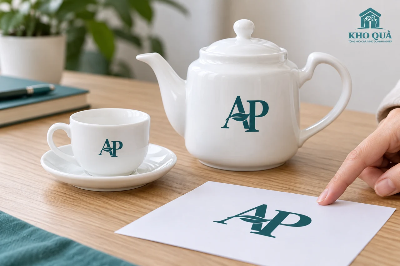 Đối chiếu logo AP trên ấm dáng thẳng và chén với bản in giấy