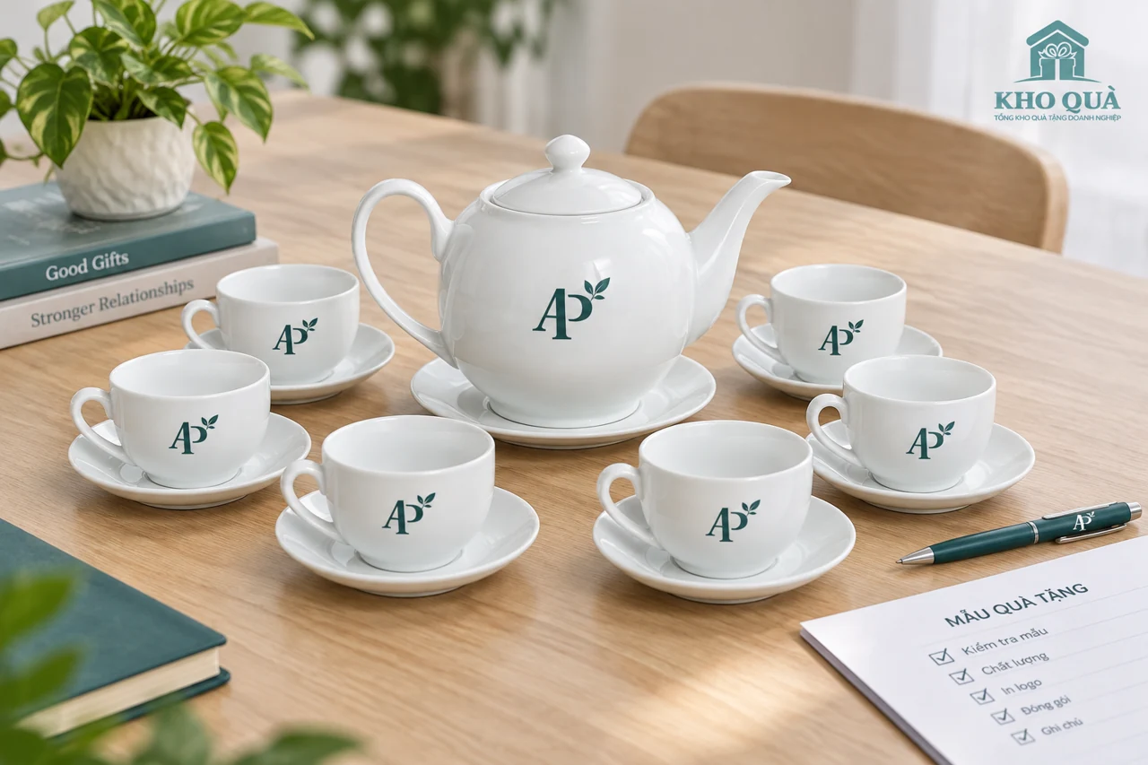 Duyệt một ấm và sáu chén in logo AP cùng các đĩa kê