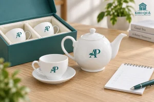 Ấm và chén in AP cạnh hộp mở có ngăn riêng cho chén