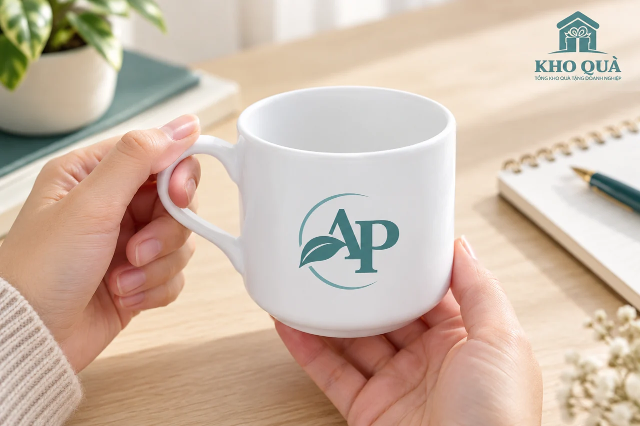 Cầm cốc sứ trắng có logo AP bằng quai và đỡ đáy
