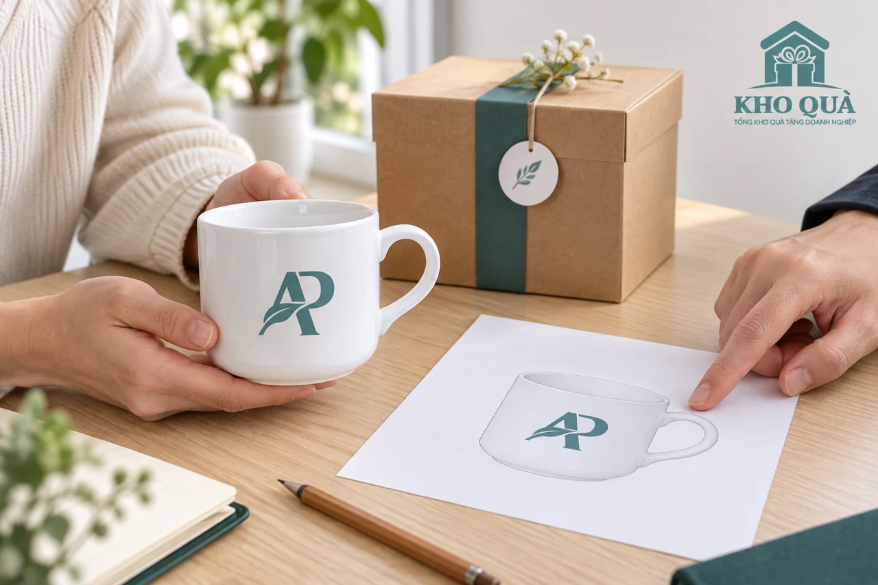 Đối chiếu logo AP trên cốc quai bên phải với bản thiết kế cùng hướng