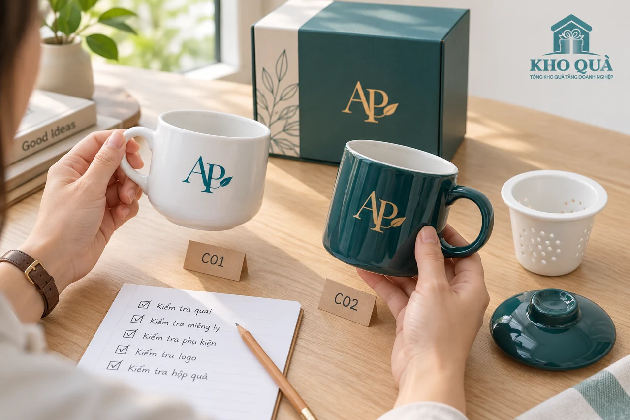 Duyệt cốc trắng và cốc xanh in logo AP cùng lọc, nắp và phiếu mẫu