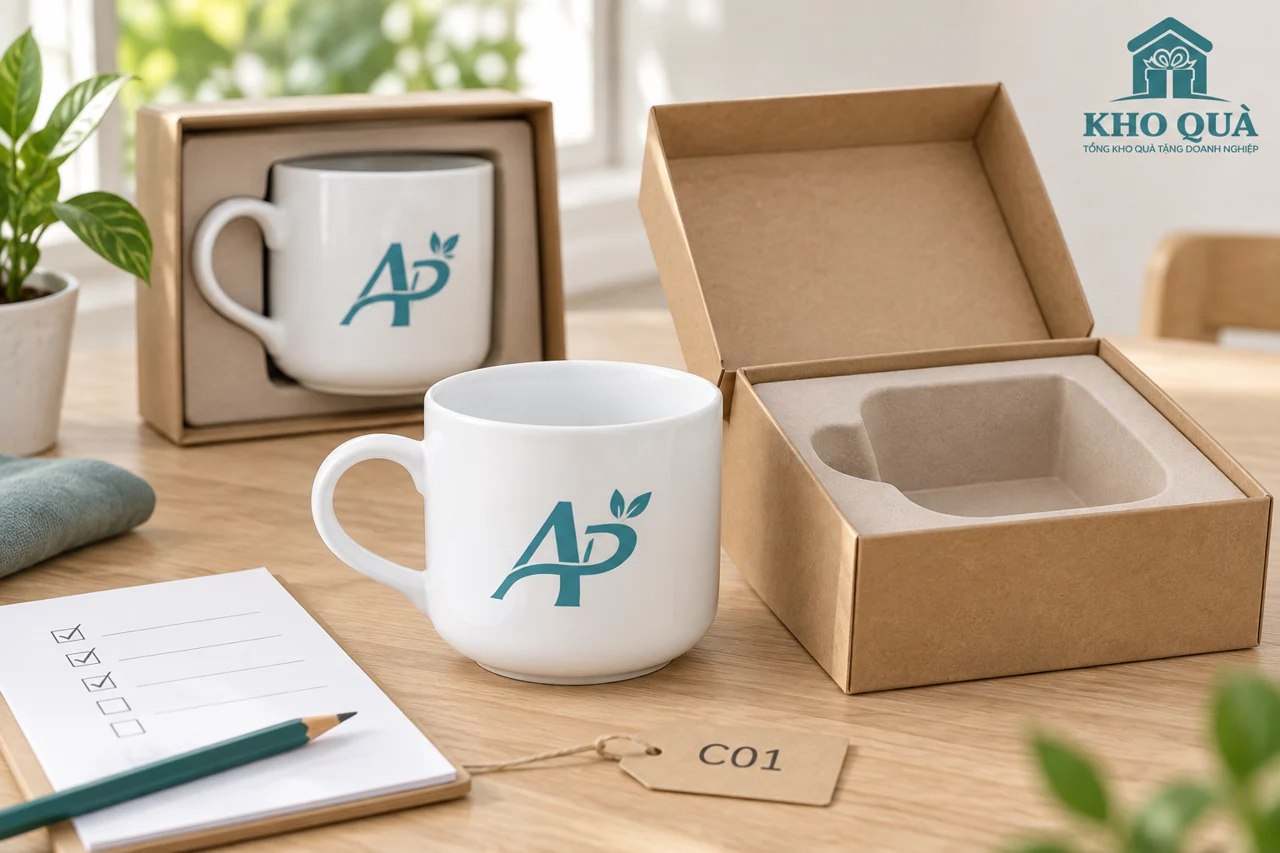 Cốc sứ trắng logo AP cạnh hộp mở, khay và checklist