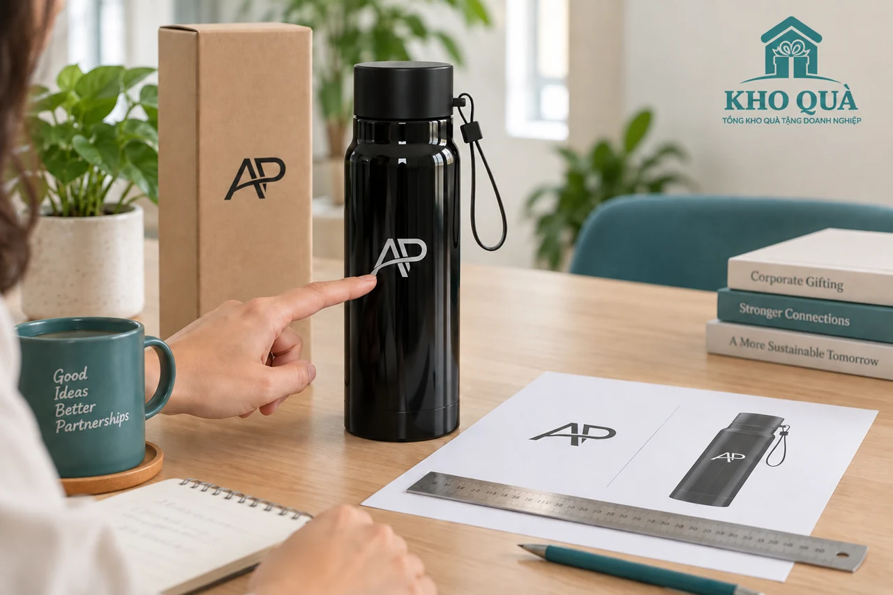 Đối chiếu logo AP trên bình đen với bản thiết kế trên giấy