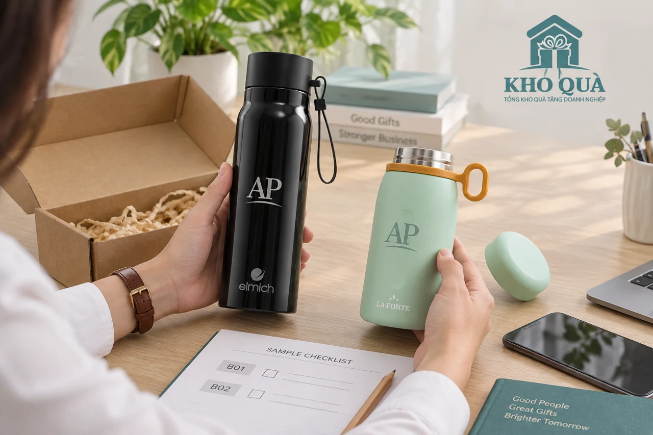 Duyệt hai mẫu bình đen và xanh với logo AP bên phiếu lựa chọn