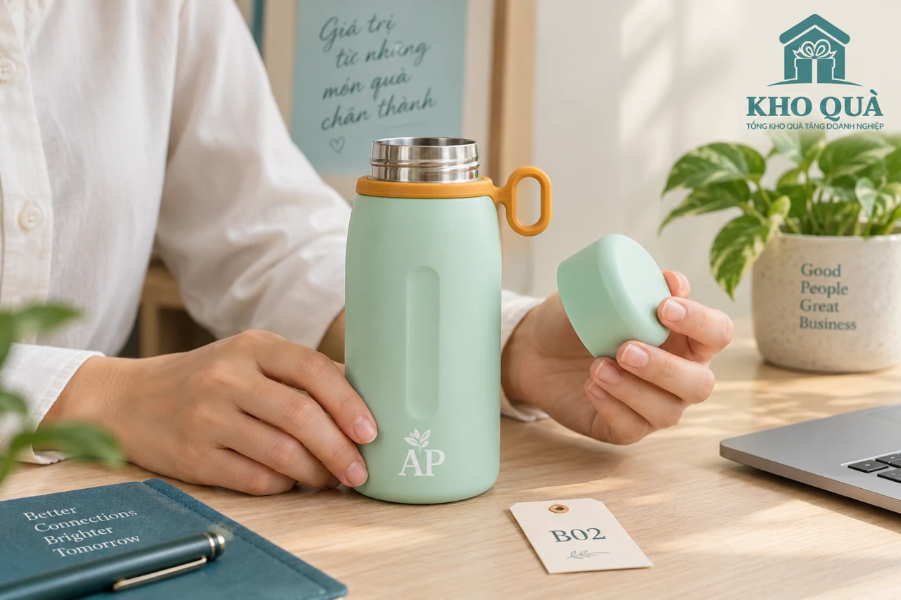 Người duyệt cầm nắp rời cạnh bình xanh có logo AP