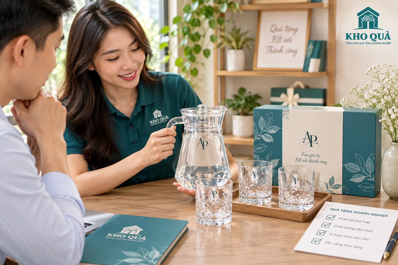 Phương án chọn bình và cốc in logo trên bàn tư vấn