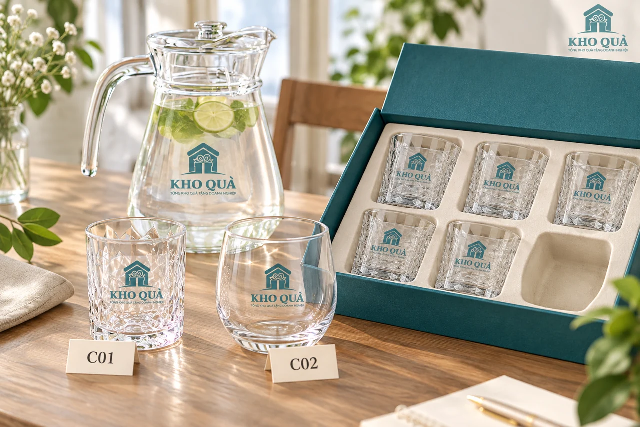 Hai dáng cốc được đối chiếu bên bình và hộp quà