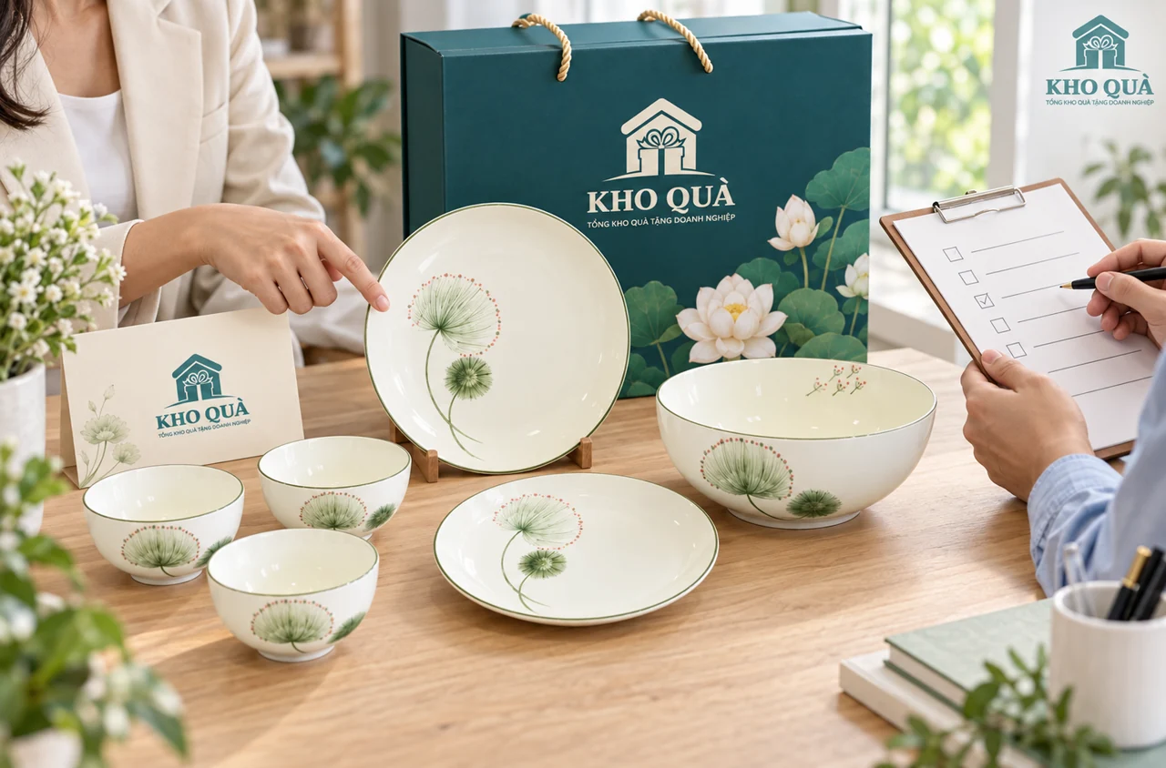 Bát cá nhân, đĩa và tô chia nhóm trên bàn chọn quà