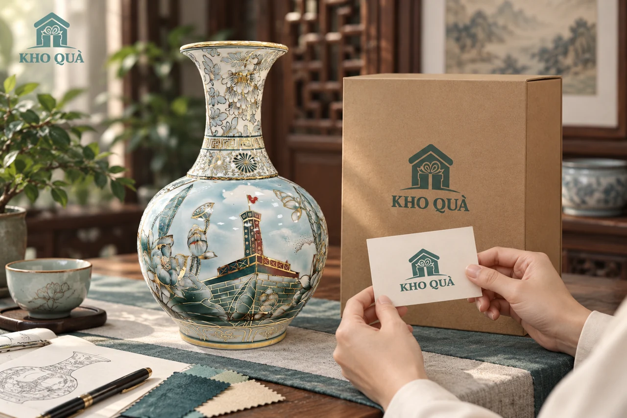 Thiệp và bao bì KhoQua đặt cạnh bình cảnh
