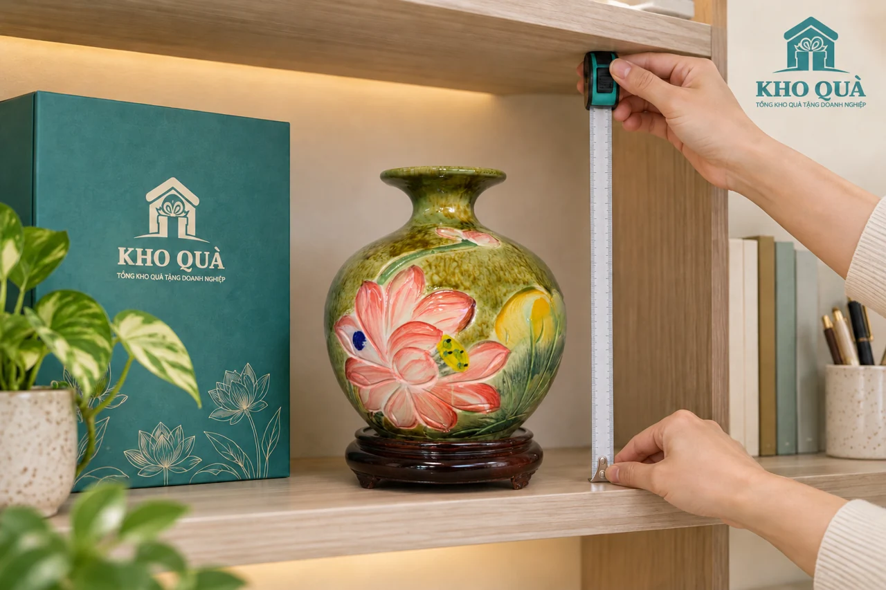 Đối chiếu khoảng kệ với bình hoa sen có đế