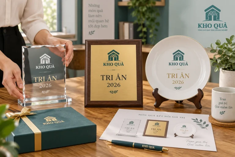 Biểu trưng pha lê, bảng gỗ và đĩa trưng với nội dung tri ân