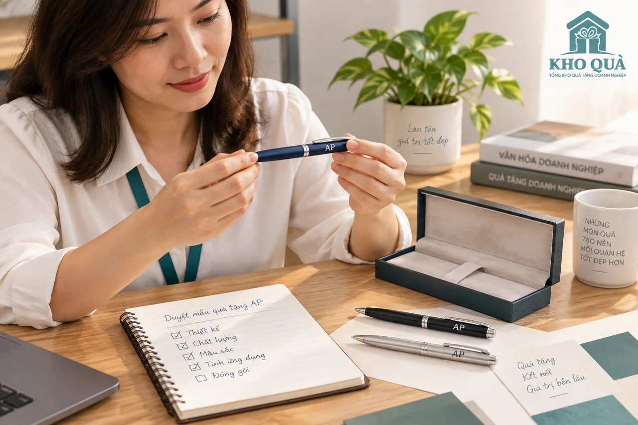 Phương án chọn bút AP cùng sổ và hộp trên bàn làm việc